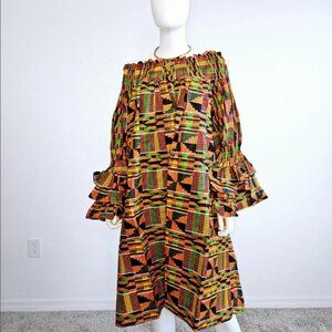 African Ankara Kente Print Off Shoulder Dress: Ruffle Sleeve Midi with Head Scar